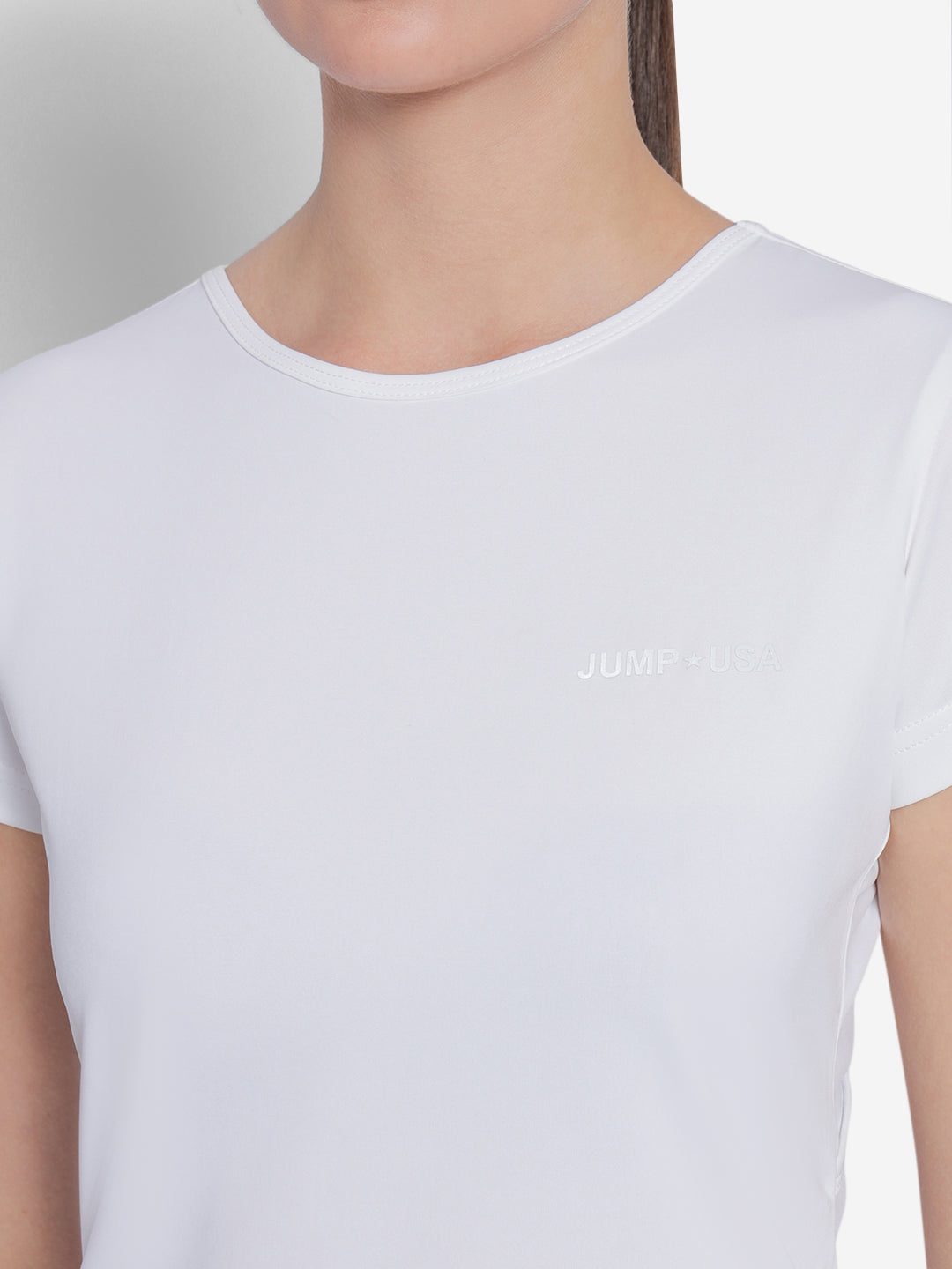 JUMP USA Yoga Women Solid Rapid Dry Cut Out Sustainable T-shirt