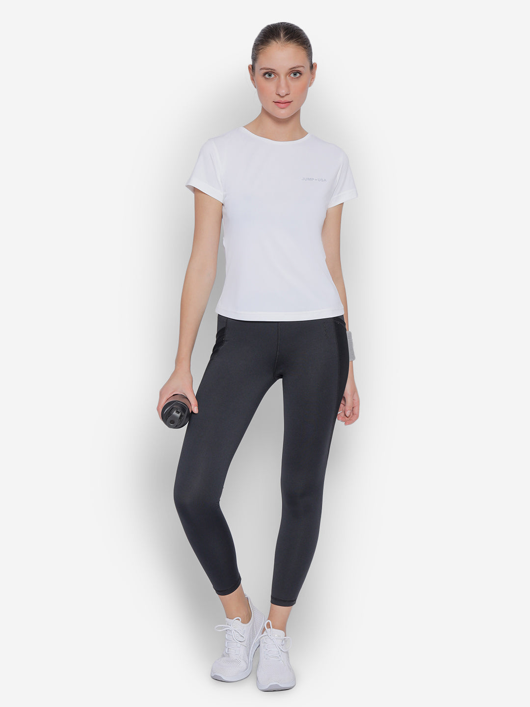 JUMP USA White Yoga Women Solid Rapid Dry Cut Out Sustainable T-shirt