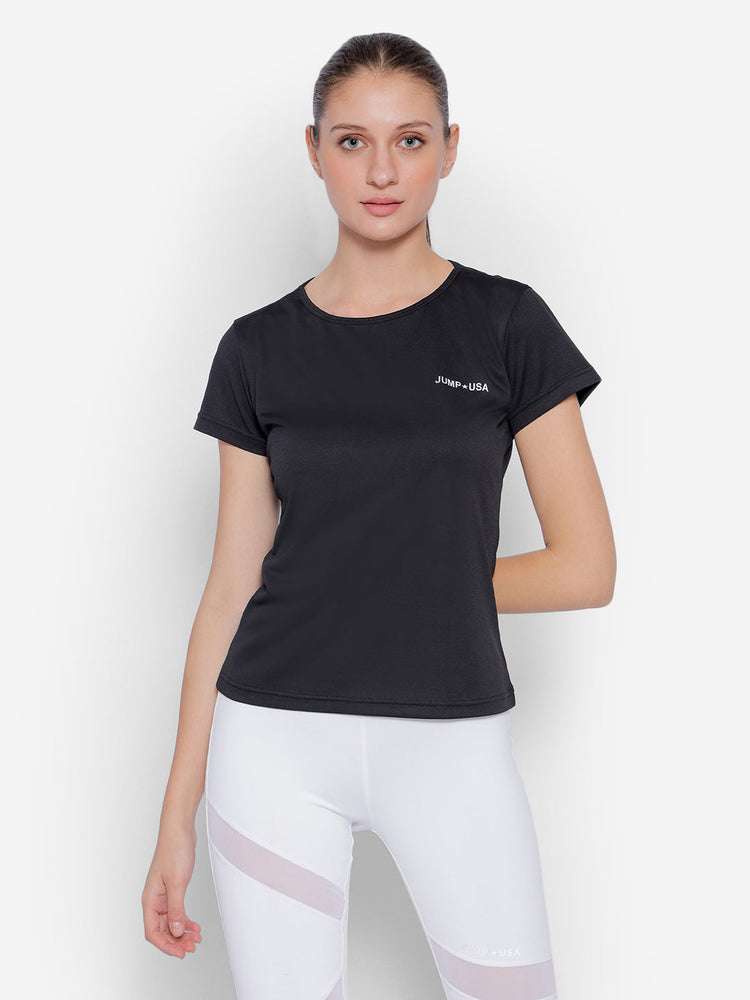 JUMP USA Yoga Women Solid Rapid Dry Cut Out Sustainable T-shirt