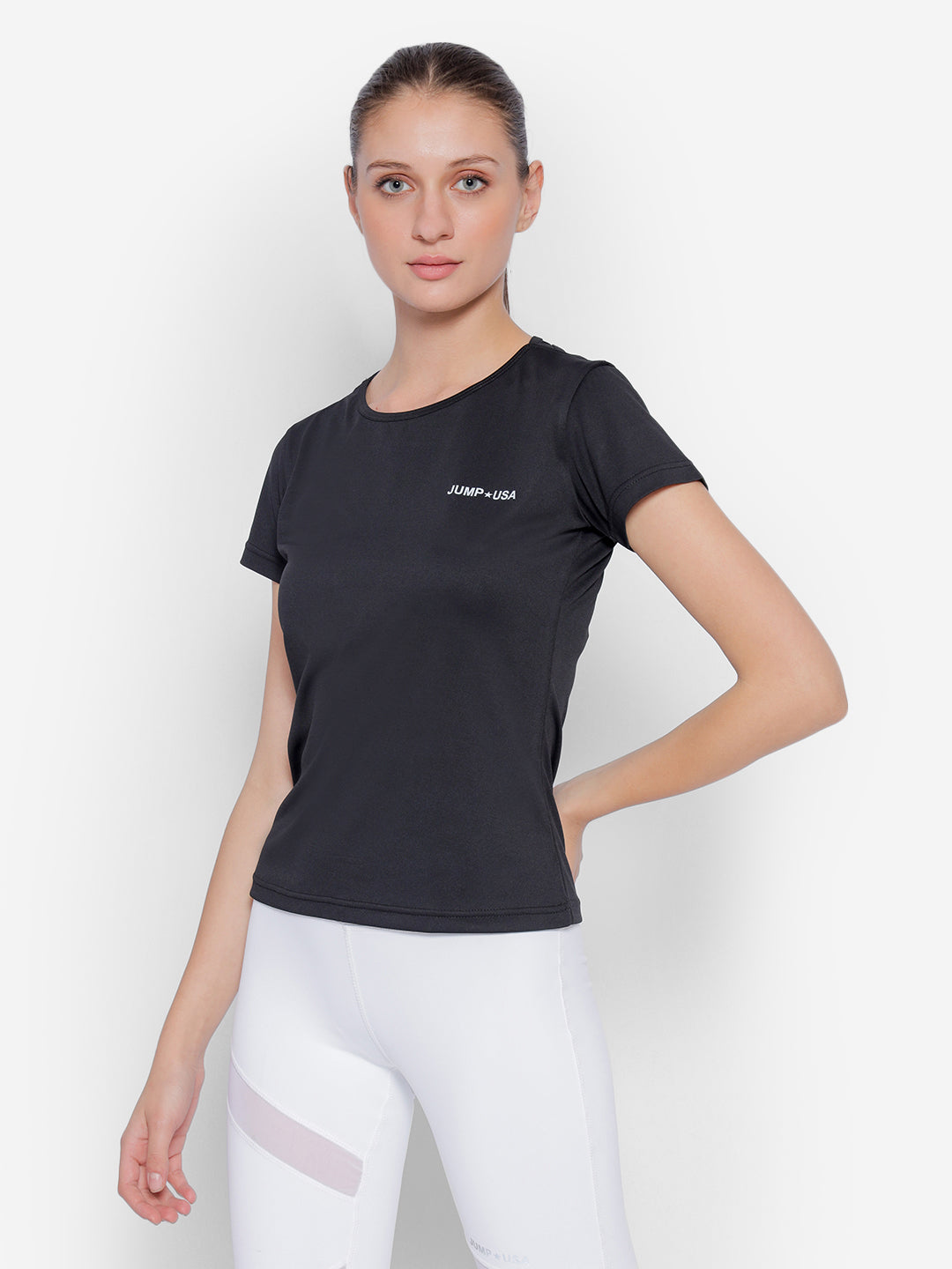 JUMP USA Yoga Women Solid Rapid Dry Cut Out Sustainable T-shirt