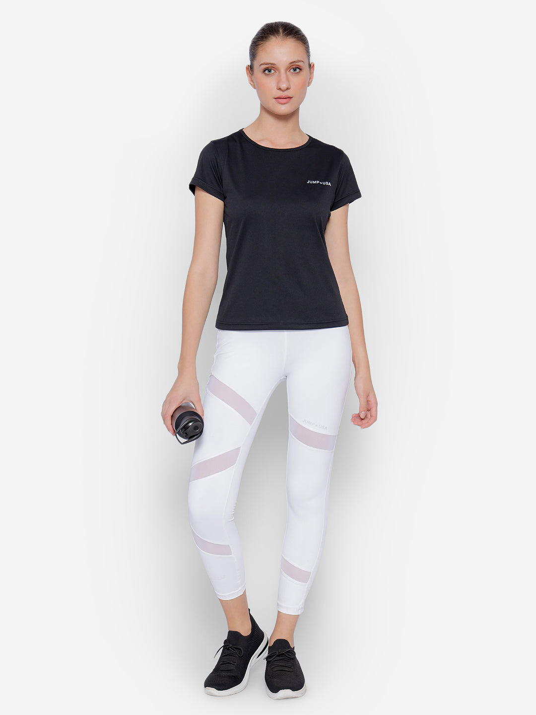 JUMP USA Black Yoga Women Solid Rapid Dry Cut Out Sustainable T-shirt