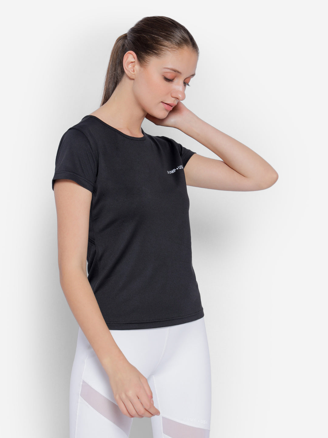 JUMP USA Yoga Women Solid Rapid Dry Cut Out Sustainable T-shirt
