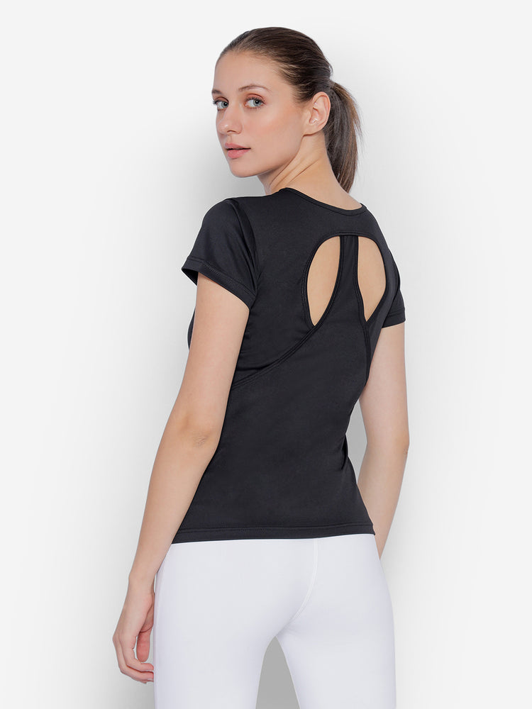 JUMP USA Black Yoga Women Solid Rapid Dry Cut Out Sustainable T-shirt