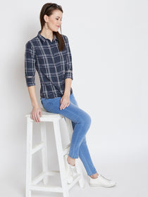 JUMP USA Women Navy Blue Checked Casual Shirt - JUMP USA