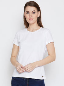 JUMP USA Women White Cotton Solid Casual Round Neck T-shirt - JUMP USA