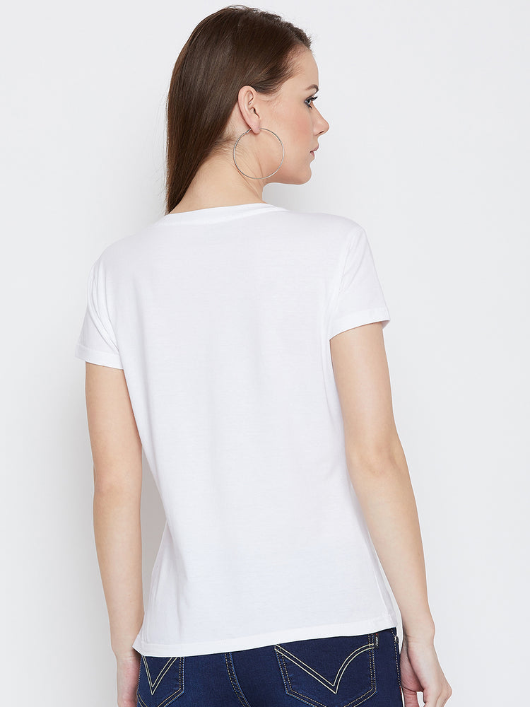 JUMP USA Women White Cotton Solid Casual Round Neck T-shirt - JUMP USA