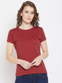 JUMP USA Women Red Cotton Solid Round Neck T-Shirt - JUMP USA