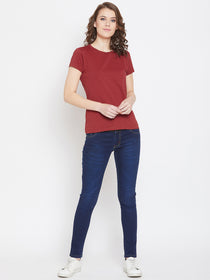JUMP USA Women Red Cotton Solid Round Neck T-Shirt - JUMP USA