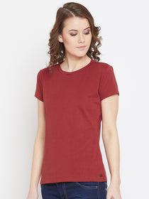JUMP USA Women Red Cotton Solid Round Neck T-Shirt - JUMP USA