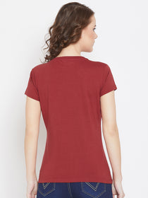 JUMP USA Women Red Cotton Solid Round Neck T-Shirt - JUMP USA