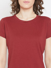 JUMP USA Women Red Cotton Solid Round Neck T-Shirt - JUMP USA