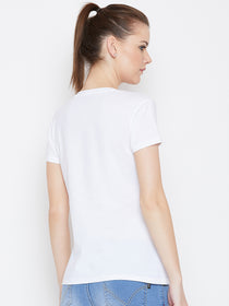 JUMP USA Women White Cotton Solid Casual V-Neck Neck Tshirt - JUMP USA
