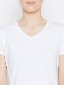 JUMP USA Women White Cotton Solid Casual V-Neck Neck Tshirt - JUMP USA
