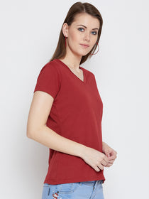 JUMP USA Women Red Cotton Solid Casual V-Neck Neck Tshirt - JUMP USA