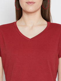 JUMP USA Women Red Cotton Solid Casual V-Neck Neck Tshirt - JUMP USA