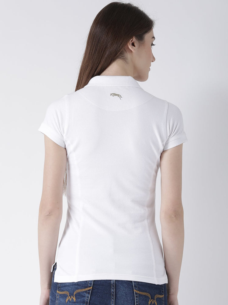 Women White Solid Polo Collar T-shirt - JUMP USA