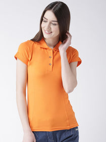 Women Orange Solid Polo Collar T-shirt - JUMP USA