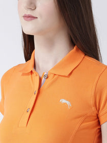 Women Orange Solid Polo Collar T-shirt - JUMP USA