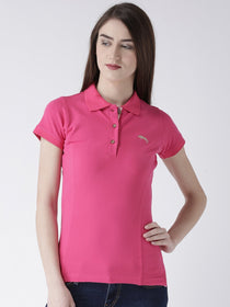 Women pink Solid Polo Collar T-shirt - JUMP USA