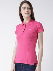 Women pink Solid Polo Collar T-shirt - JUMP USA