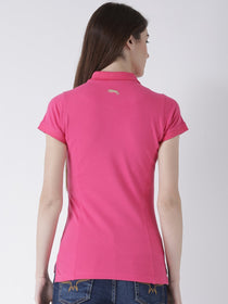 Women pink Solid Polo Collar T-shirt - JUMP USA