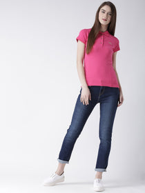 Women pink Solid Polo Collar T-shirt - JUMP USA