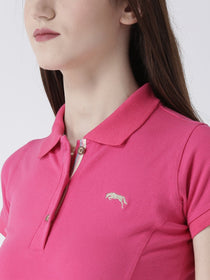 Women pink Solid Polo Collar T-shirt - JUMP USA
