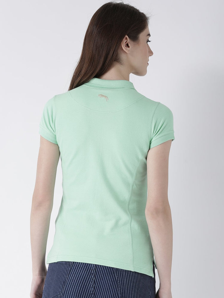 Women Green Solid Polo Collar T-shirt - JUMP USA