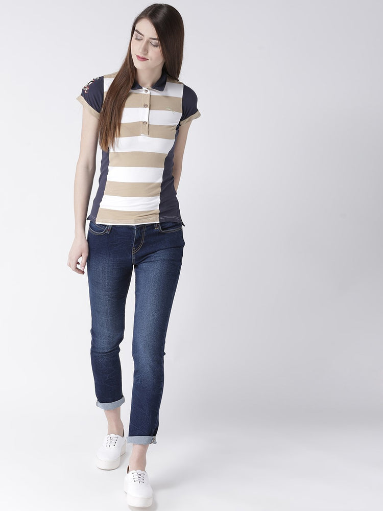Women Beige Striped Polo Collar T-shirt - JUMP USA