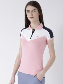 Women Pink Solid Polo Collar T-shirt - JUMP USA