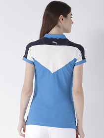 Women Blue Solid Polo Collar T-shirt - JUMP USA