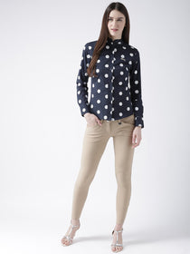 Women Navy Blue Regular Fit Printed Casual Shirt - JUMP USA