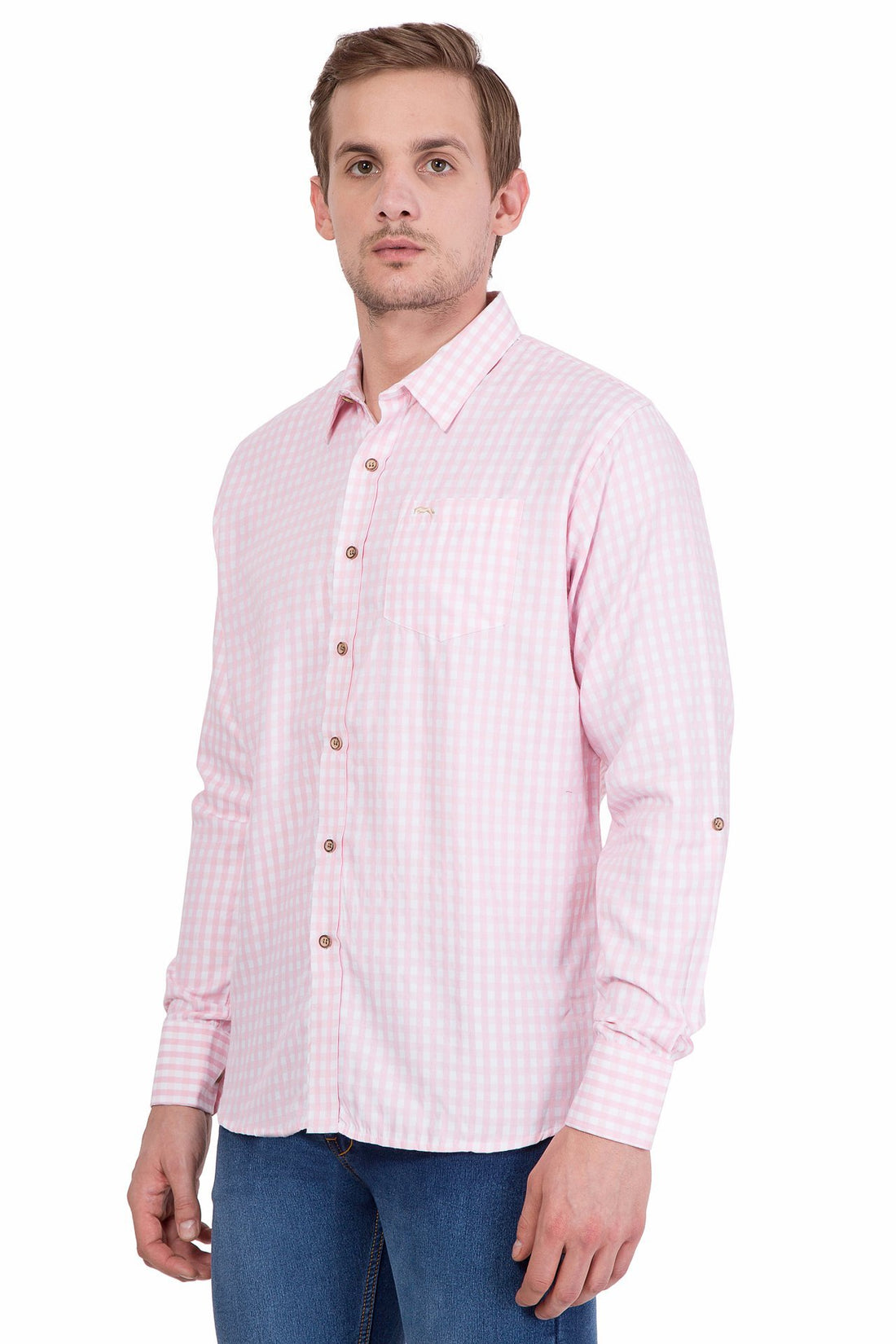 Slim Fit Long Sleeve Pink And White Check Casual Shirt - JUMP USA (1568785268778)