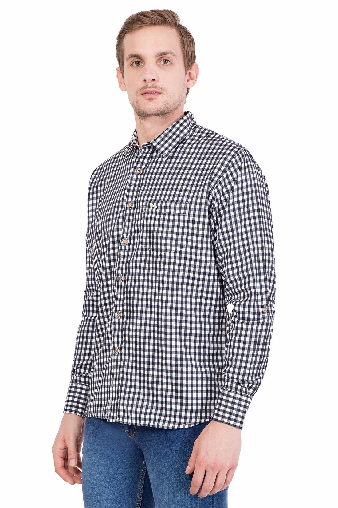 Black and white checked blouse hot sale