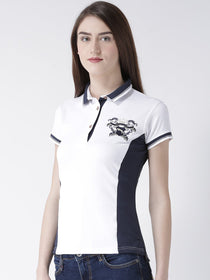 Women White Solid Polo Collar T-shirt - JUMP USA