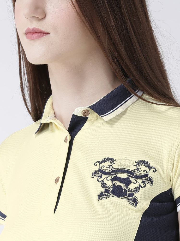 Women Yellow Solid Polo Collar T-shirt - JUMP USA