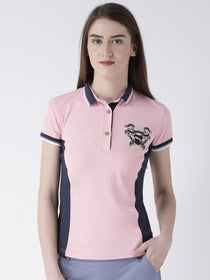 Women Pink Solid Polo Collar T-shirt - JUMP USA