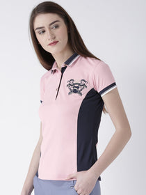 Women Pink Solid Polo Collar T-shirt - JUMP USA
