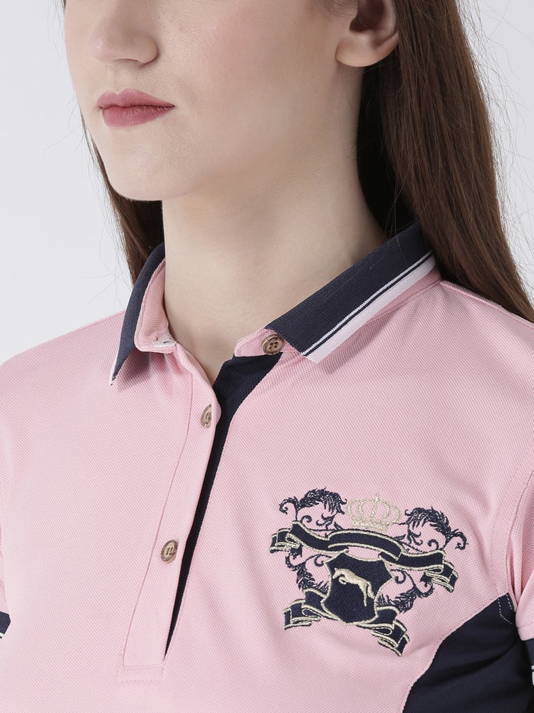 Women Pink Solid Polo Collar T-shirt - JUMP USA