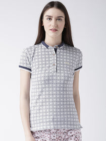 Women White Printed Polo Collar T-shirt - JUMP USA