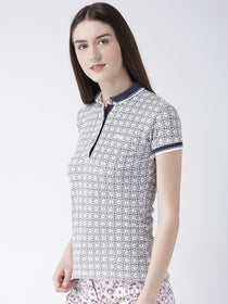 Women White Printed Polo Collar T-shirt - JUMP USA