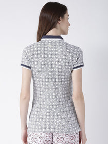 Women White Printed Polo Collar T-shirt - JUMP USA
