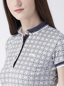 Women White Printed Polo Collar T-shirt - JUMP USA