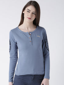 Women Blue Solid Round Neck T-shirt - JUMP USA