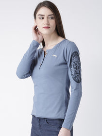 Women Blue Solid Round Neck T-shirt - JUMP USA