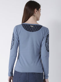 Women Blue Solid Round Neck T-shirt - JUMP USA