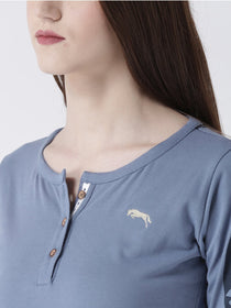 Women Blue Solid Round Neck T-shirt - JUMP USA
