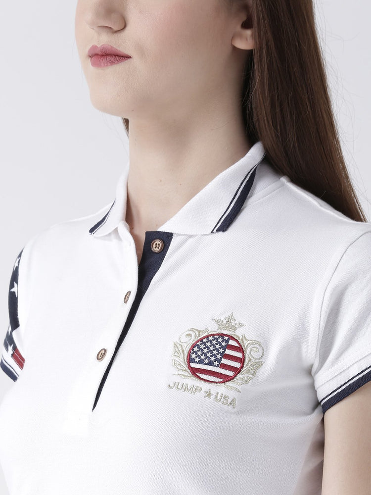 Women White Solid Polo Collar T-shirt - JUMP USA
