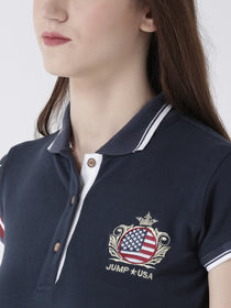 Women Navy Blue Solid Polo Collar T-shirt - JUMP USA