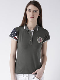 Women Charcoal Solid Polo Collar T-shirt - JUMP USA